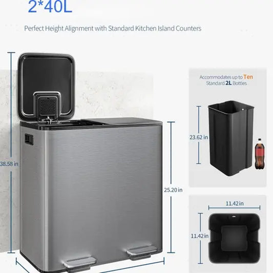 GARVEE Stainless Steel Dual-Compartment Pedal-Operated Kitchen Trash Can ,30L/40L 2 Removable Buckets for Waste Separation & Recycling - Soft-Close Lids- Ideal for Home Use under Kitchen Counter Bins Sohochic