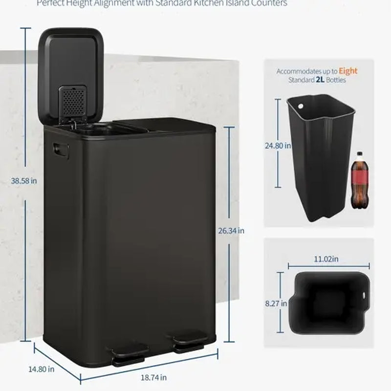 GARVEE Stainless Steel Dual-Compartment Pedal-Operated Kitchen Trash Can ,30L/40L 2 Removable Buckets for Waste Separation & Recycling - Soft-Close Lids- Ideal for Home Use under Kitchen Counter Bins Sohochic