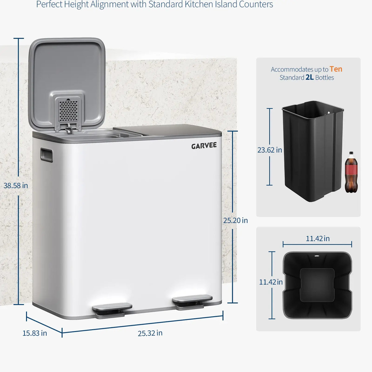 GARVEE Stainless Steel Dual-Compartment Pedal-Operated Kitchen Trash Can ,30L/40L 2 Removable Buckets for Waste Separation & Recycling - Soft-Close Lids- Ideal for Home Use under Kitchen Counter Bins Sohochic