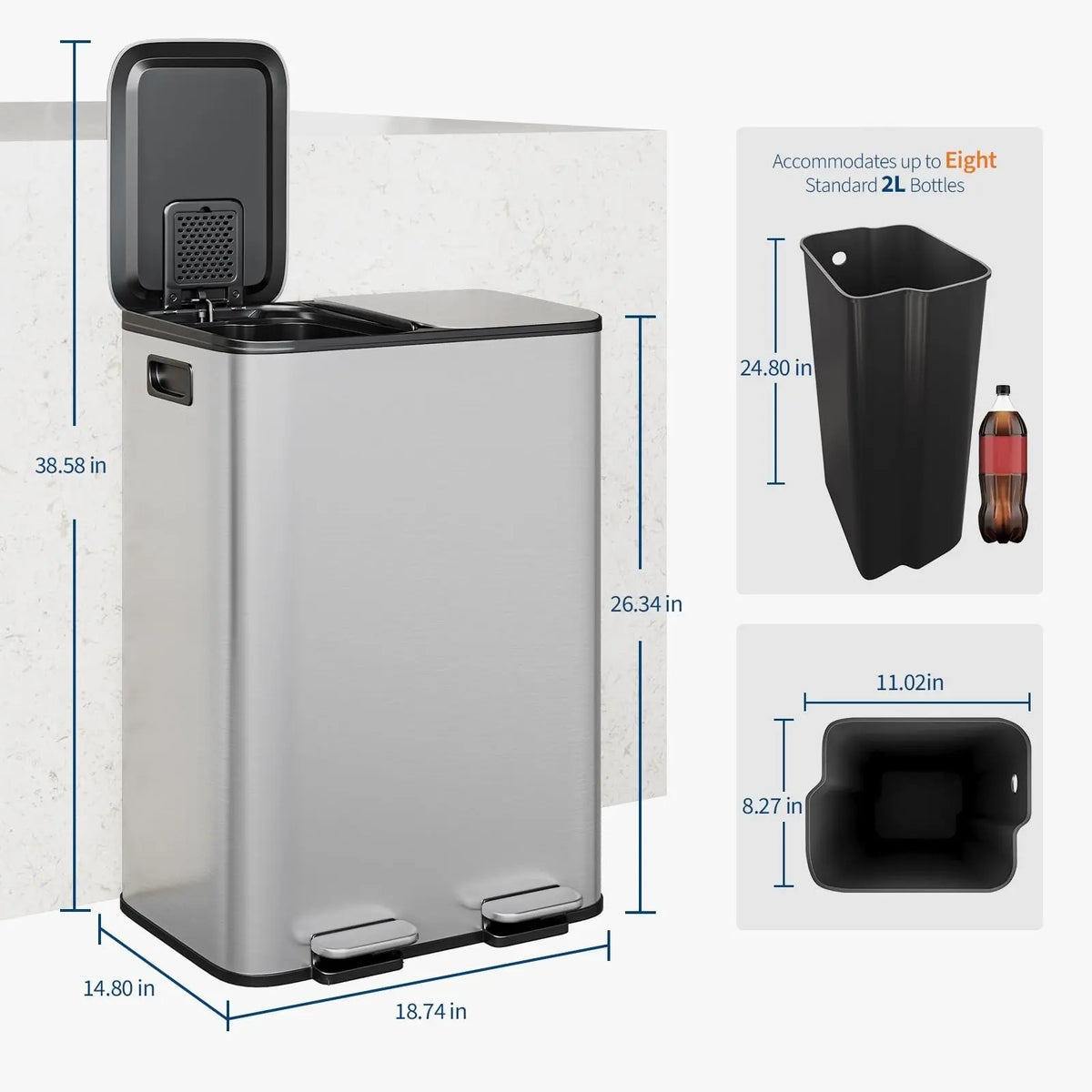 GARVEE Stainless Steel Dual-Compartment Pedal-Operated Kitchen Trash Can ,30L/40L 2 Removable Buckets for Waste Separation & Recycling - Soft-Close Lids- Ideal for Home Use under Kitchen Counter Bins Sohochic