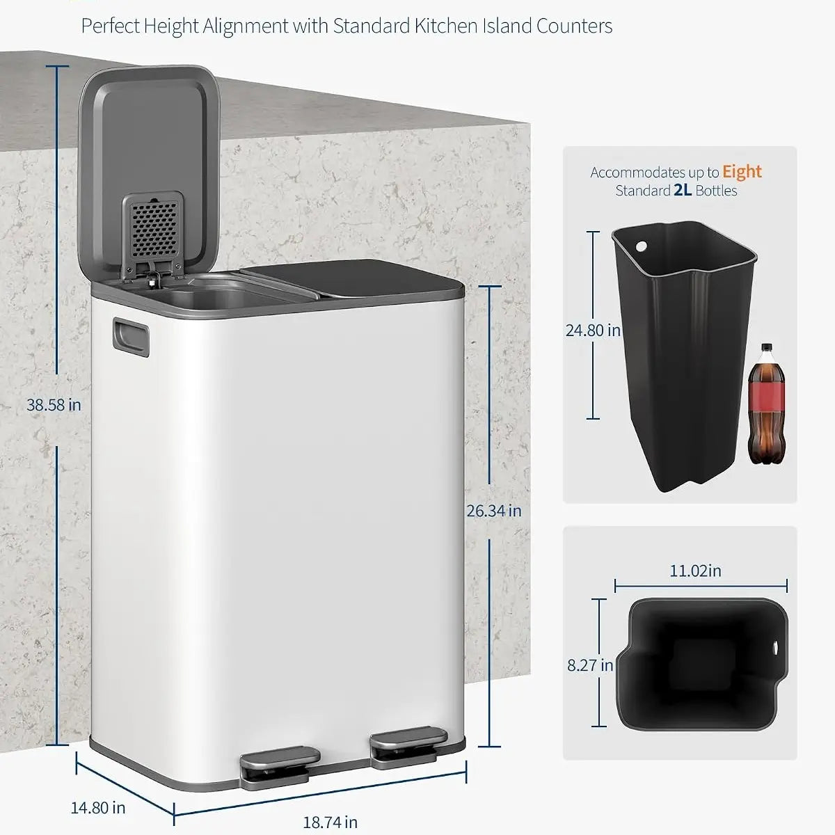 GARVEE Stainless Steel Dual-Compartment Pedal-Operated Kitchen Trash Can ,30L/40L 2 Removable Buckets for Waste Separation & Recycling - Soft-Close Lids- Ideal for Home Use under Kitchen Counter Bins Sohochic