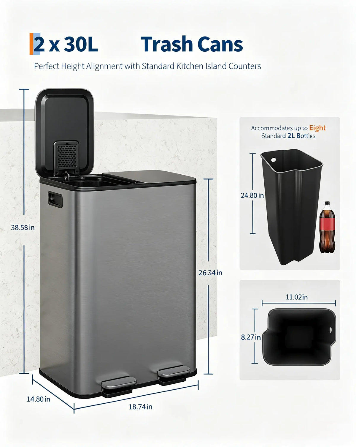 GARVEE Stainless Steel Dual-Compartment Pedal-Operated Kitchen Trash Can ,30L/40L 2 Removable Buckets for Waste Separation & Recycling - Soft-Close Lids- Ideal for Home Use under Kitchen Counter Bins Sohochic