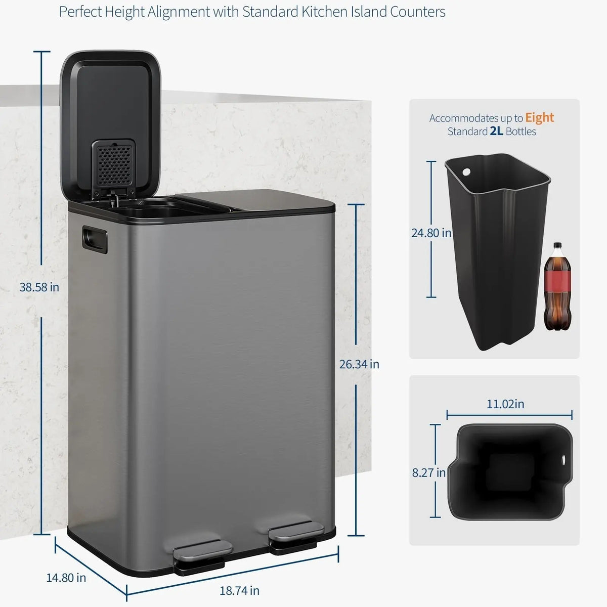 GARVEE Stainless Steel Dual-Compartment Pedal-Operated Kitchen Trash Can ,30L/40L 2 Removable Buckets for Waste Separation & Recycling - Soft-Close Lids- Ideal for Home Use under Kitchen Counter Bins Sohochic