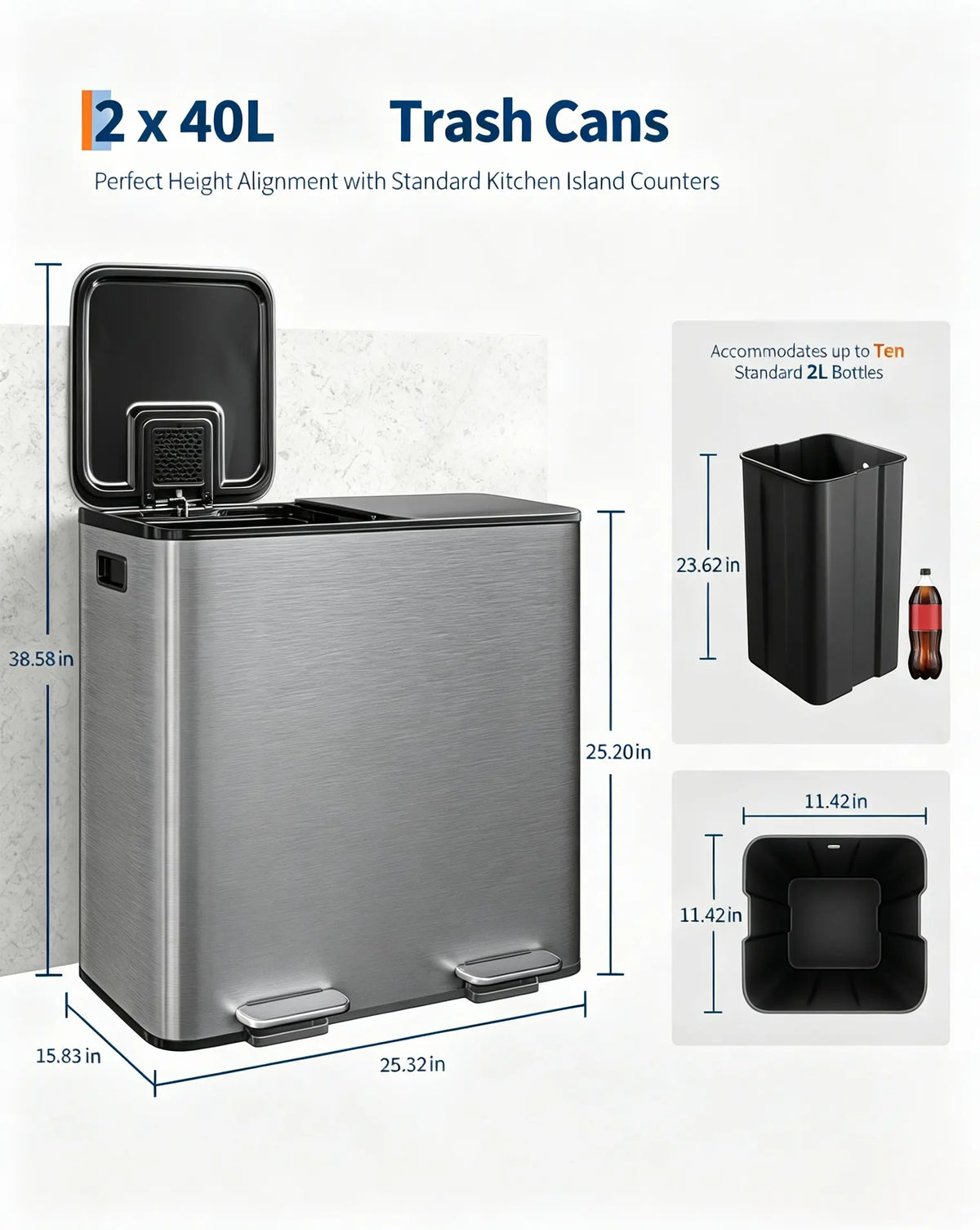 GARVEE Stainless Steel Dual-Compartment Pedal-Operated Kitchen Trash Can ,30L/40L 2 Removable Buckets for Waste Separation & Recycling - Soft-Close Lids- Ideal for Home Use under Kitchen Counter Bins Sohochic